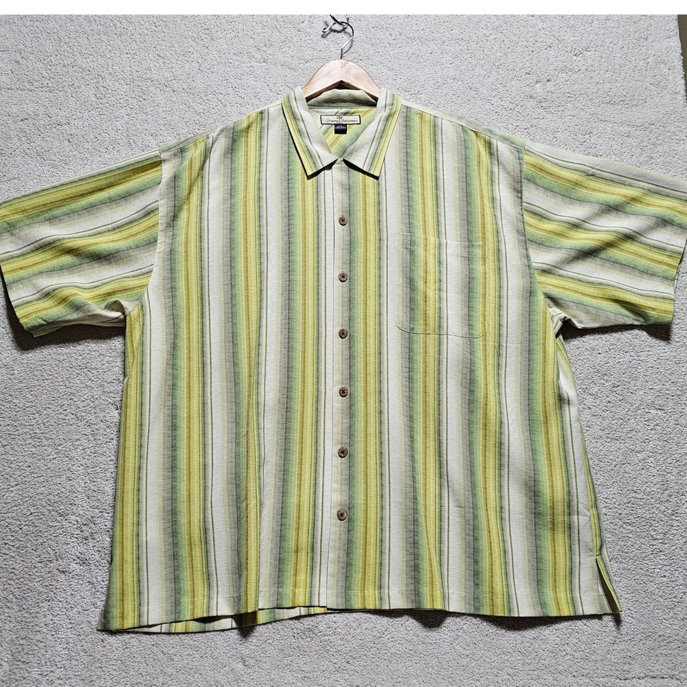 Tommy Bahama XXL Silk Button Down‎ Shirt Green Striped Short Sleeve Menswear